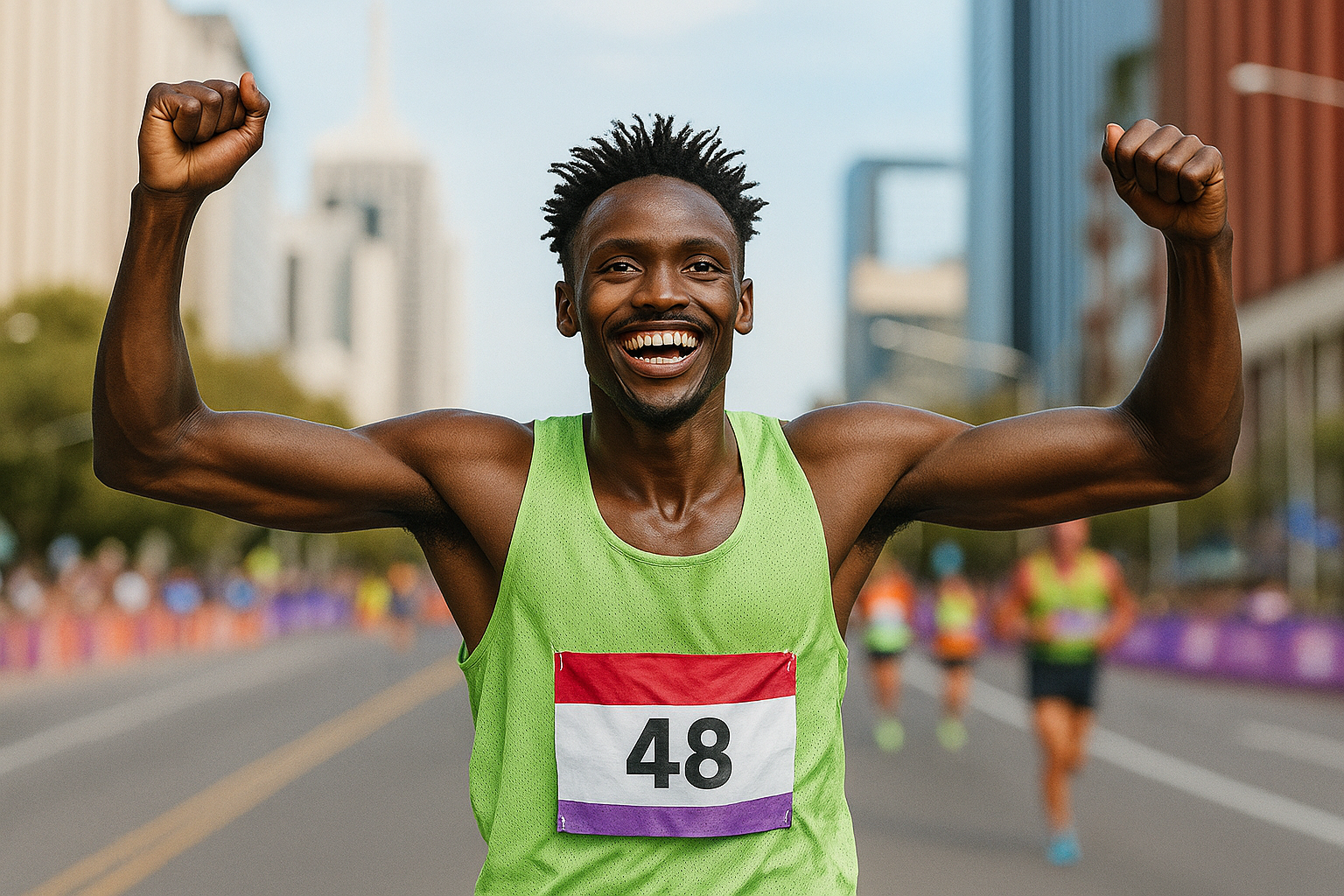 Hombre corredor sonriente levantando los brazos tras la meta, representando alegría, transformación y crecimiento personal a través del deporte