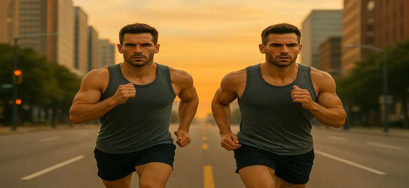 Hombre atlético corriendo al amanecer por una calle vacía, simbolizando superación personal y conexión mente-cuerpo