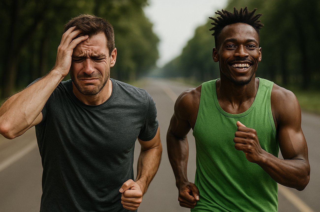 Dos hombres corriendo en carretera, uno con expresión de sufrimiento y otro sonriendo, representando dos actitudes frente a la adversidad