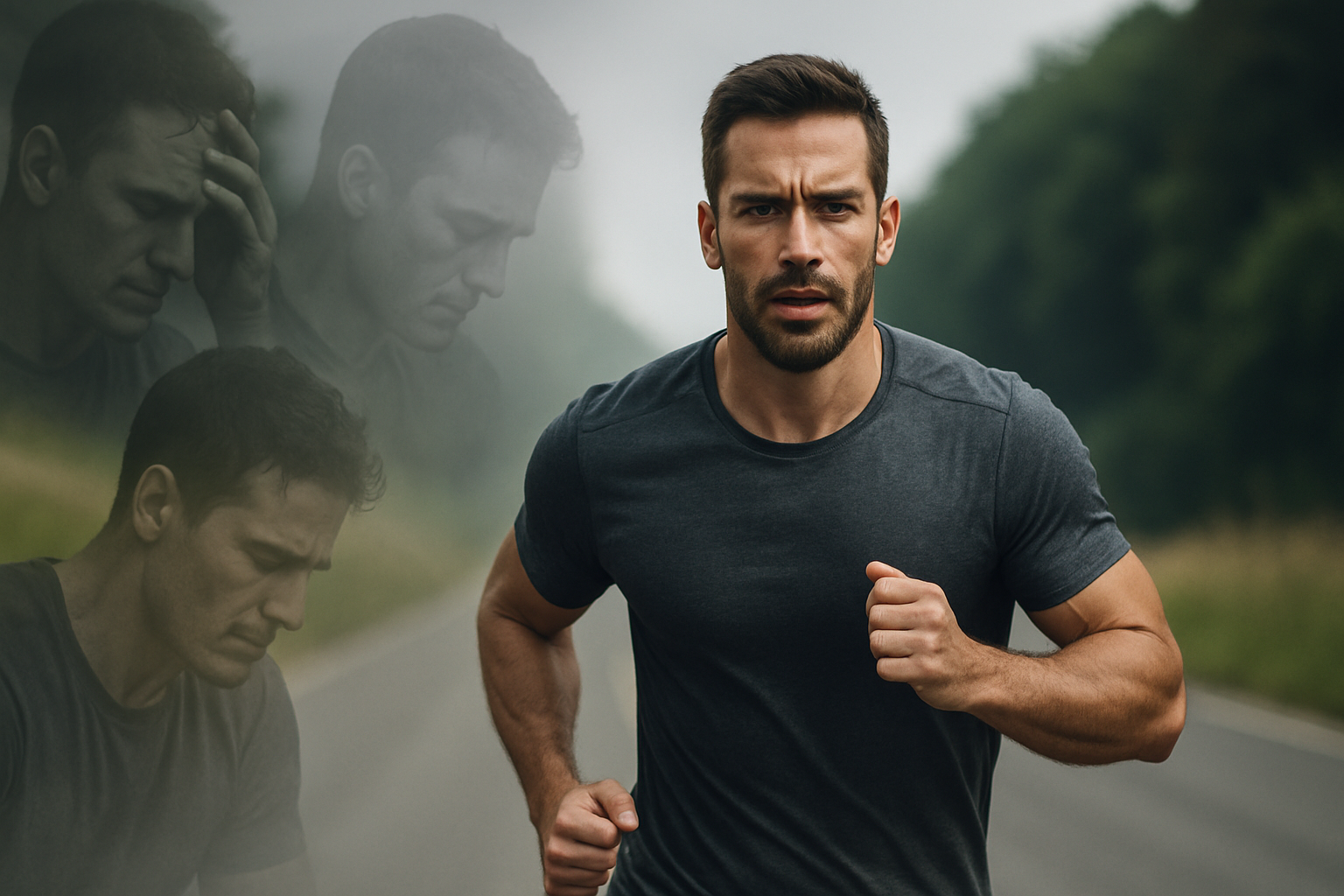 "Hombre atlético celebrando tras cruzar la meta en una carrera, símbolo de superación personal y disciplina en el deporte de alta resistencia."