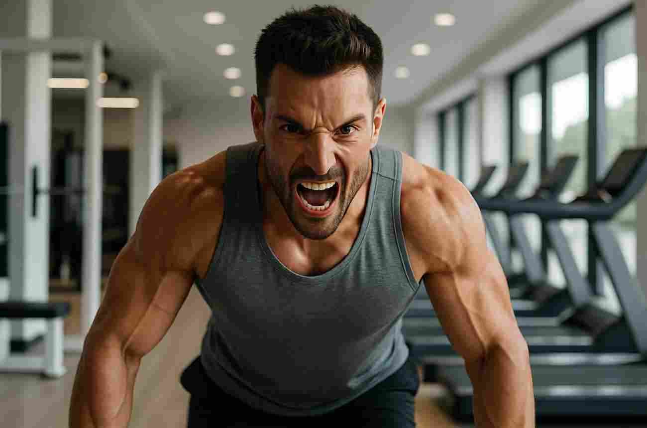 Hombre musculoso entrenando en el gimnasio con expresión intensa, representando determinación, disciplina y crecimiento mediante el deporte de alta resistencia