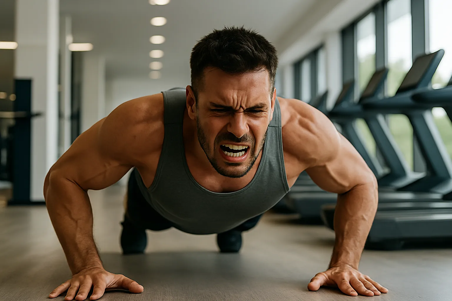 Hombre musculoso haciendo ejercicio de lagartijas con expresión de esfuerzo y determinación en un gimnasio moderno