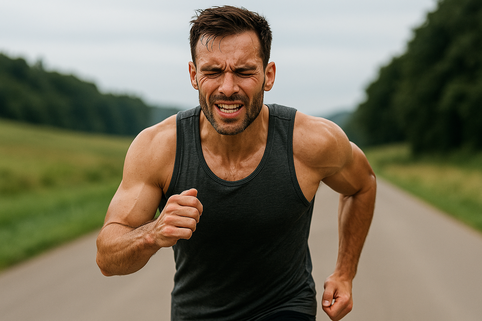 Corredor con expresión determinada entrenando al amanecer, simbolizando el poder de la mente en el deporte de alta resistencia